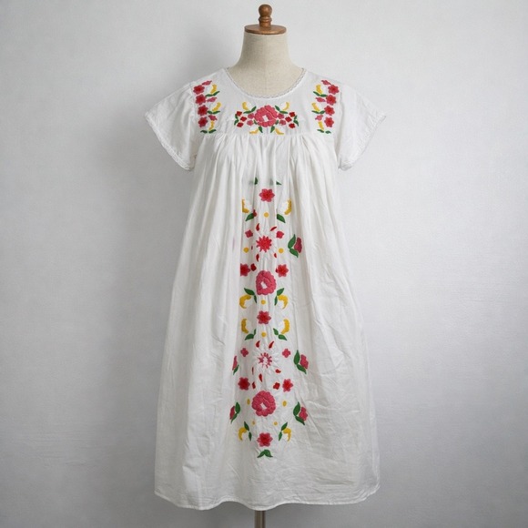 NEW - FRANCES VALENTINE Floral Garland Embroidery Midi Dress Oyster Multi Size S